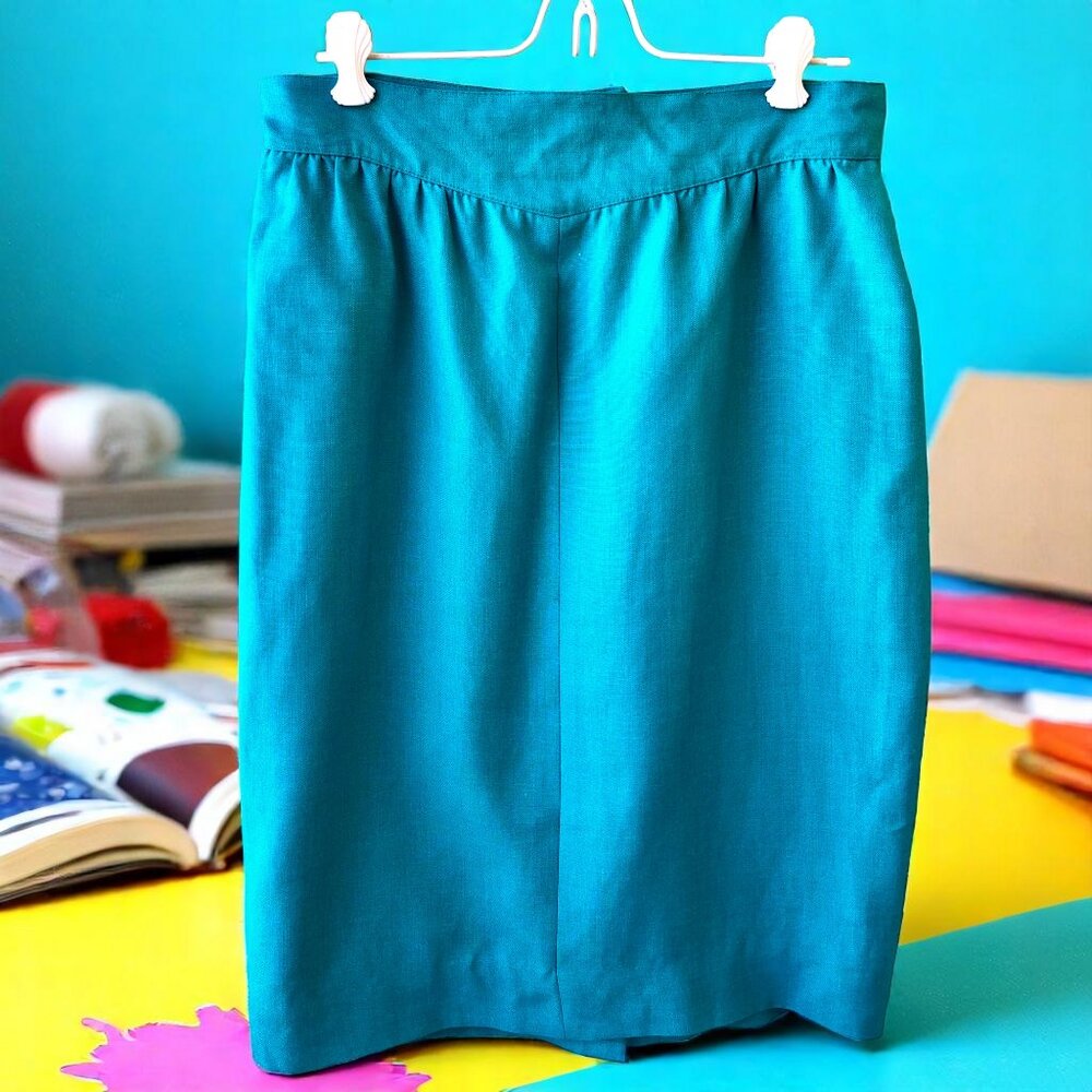 Searle Vintage 80's Skirt Turquoise Lined Linen Blend Womens size 12